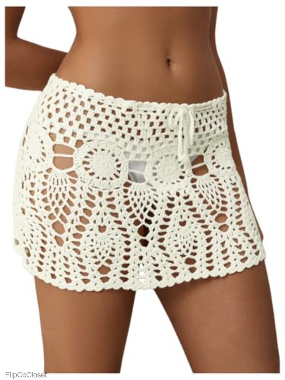 Crochet High Waist Drawstring Knit Swim Cover Up Skirt